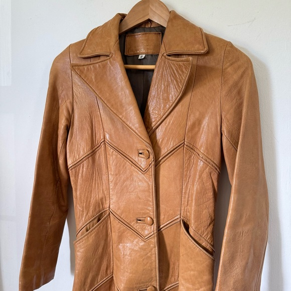 Vintage 70s Brown Leather Maxi Coat Chevron Stitching Retro Boho Womens XS - Picture 4 of 13